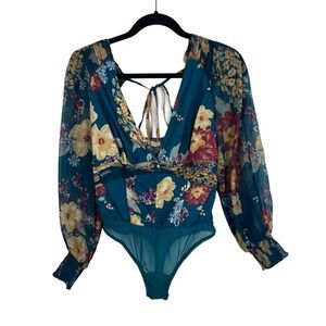 NEW Free People Wanderlust Bodysuit Size XS Floral Print Long Sleeve Chiffon